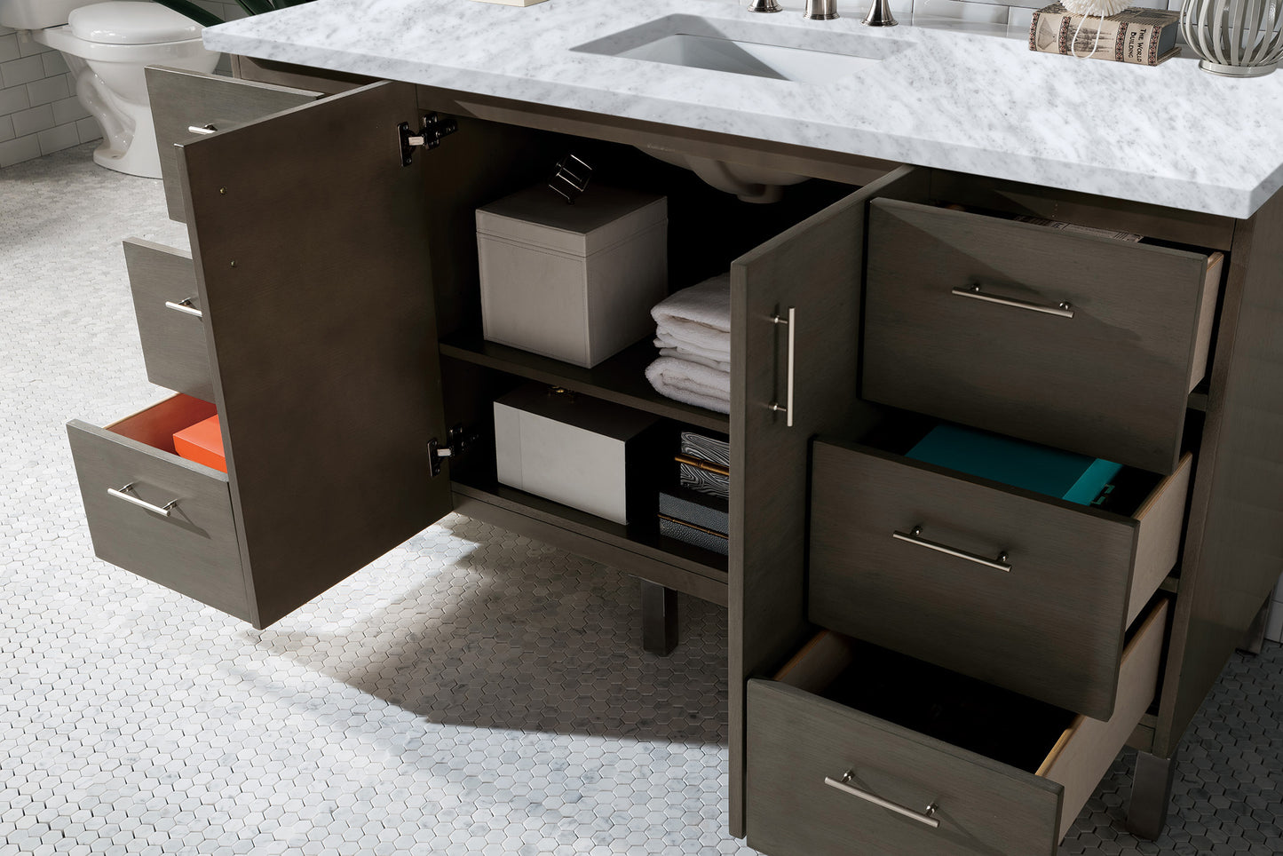 Bathroom Vanities Outlet Atlanta Renovate for LessMetropolitan 60" Silver Oak Single Vanity w/ 3 CM Carrara Marble Top