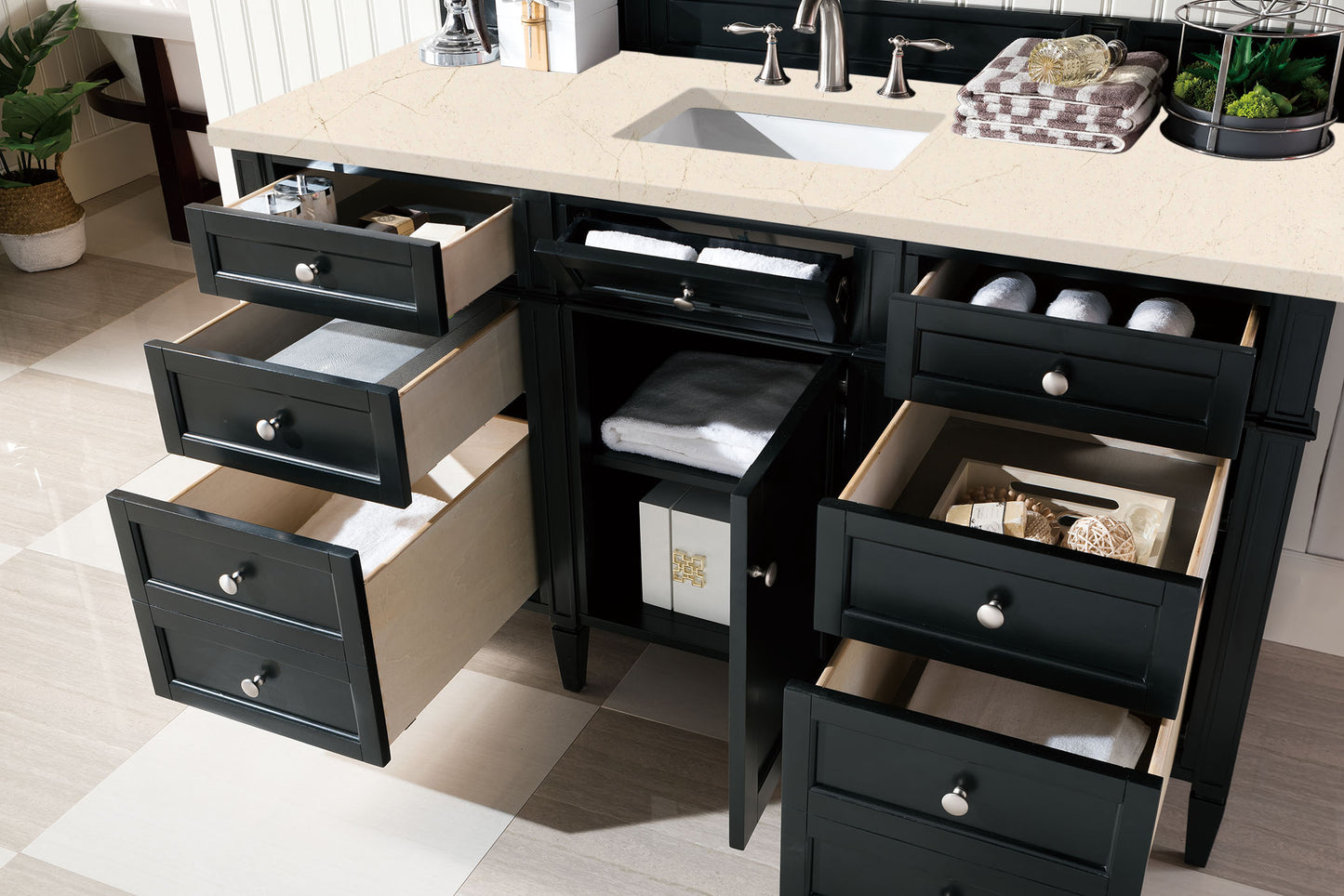 Brittany 60" Single Vanity, Black Onyx, w/ 3 CM Eternal Marfil Quartz Top James Martin Vanities