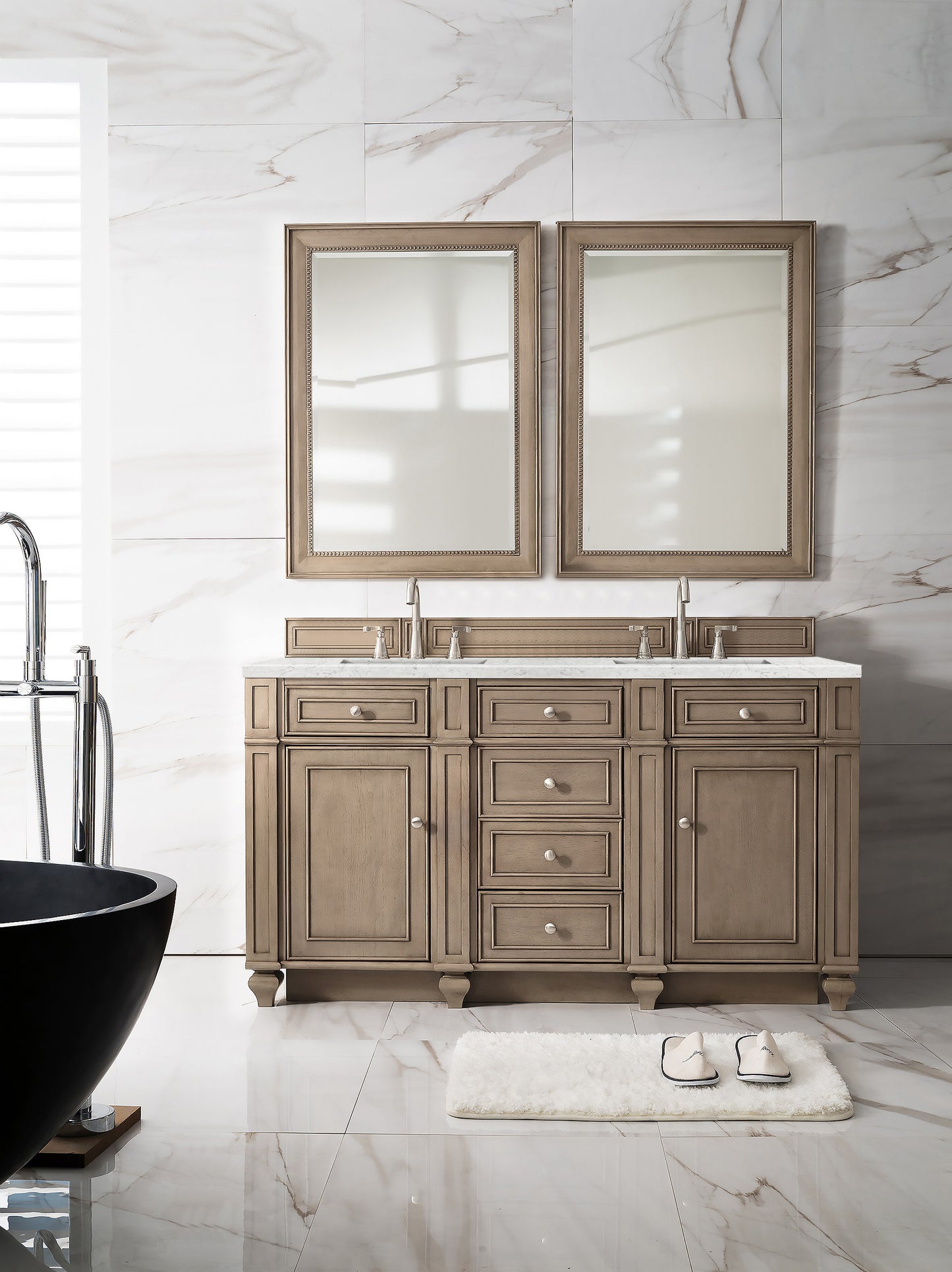 Bristol 60" Double Vanity, Whitewashed Walnut, w/ 3 CM Eternal Jasmine Pearl Quartz Top James Martin Vanities