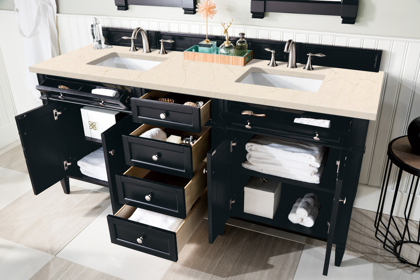 Brittany 72" Black Onyx Double Vanity w/ 3 CM Eternal Marfil Quartz Top James Martin Vanities