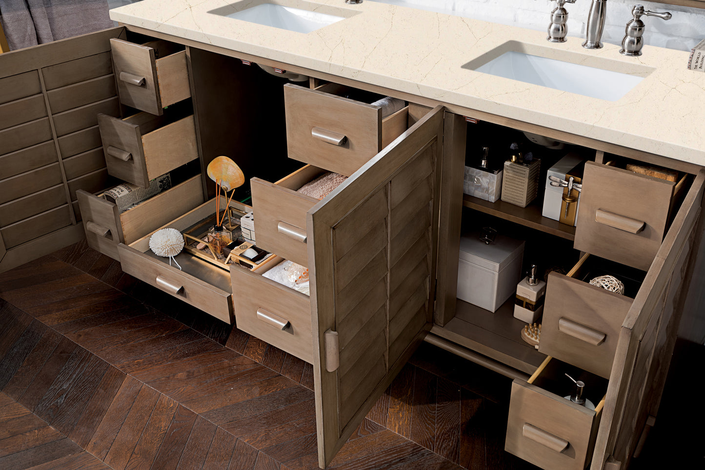 Bathroom Vanities Outlet Atlanta Renovate for LessPortland 72" Double Vanity Whitewashed Walnut, w/ 3 CM Eternal Marfil Quartz Top