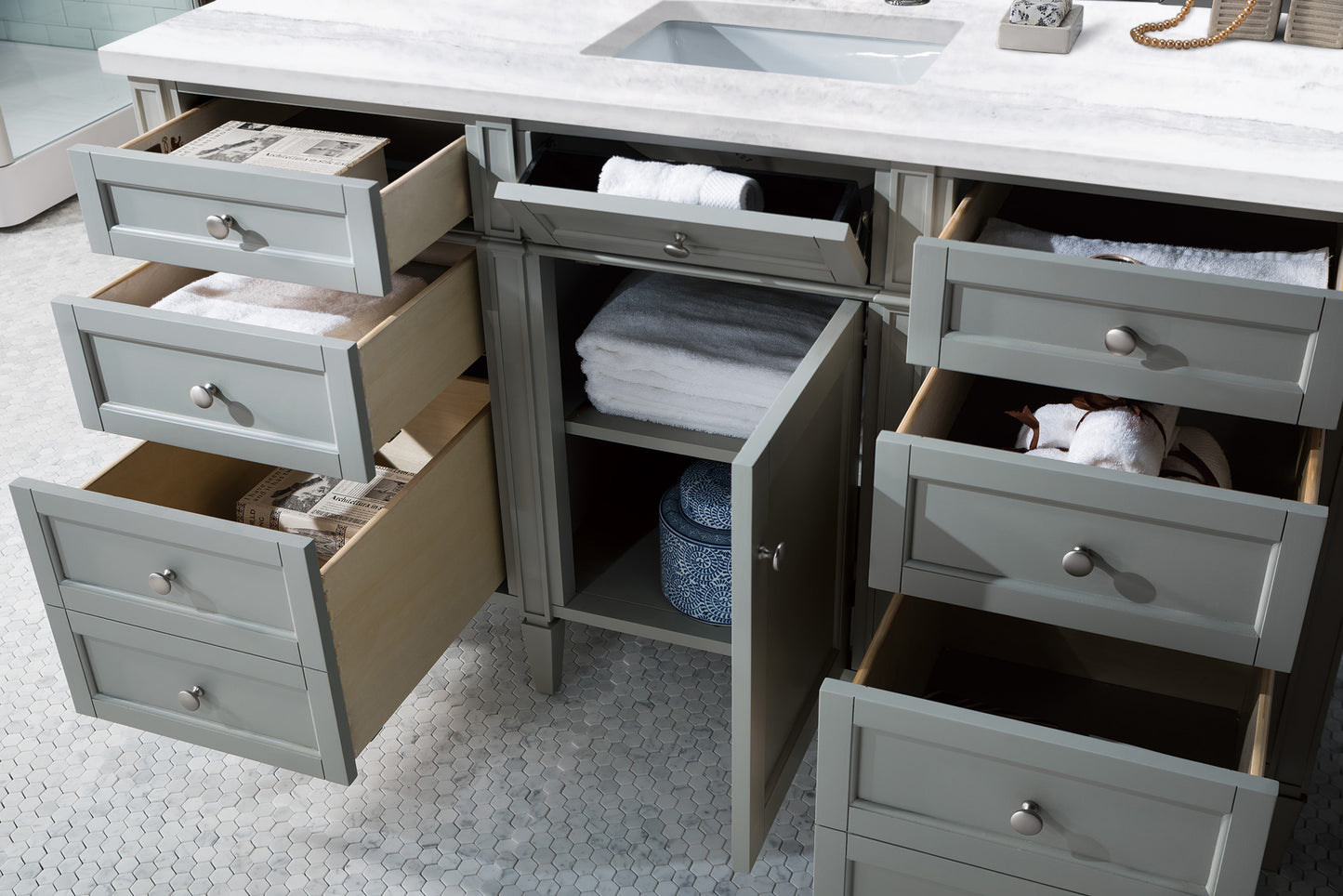 Bathroom Vanities Outlet Atlanta Renovate for LessBrittany 60" Urban Gray Single Vanity w/ 3 CM Arctic Fall Solid Surface Top