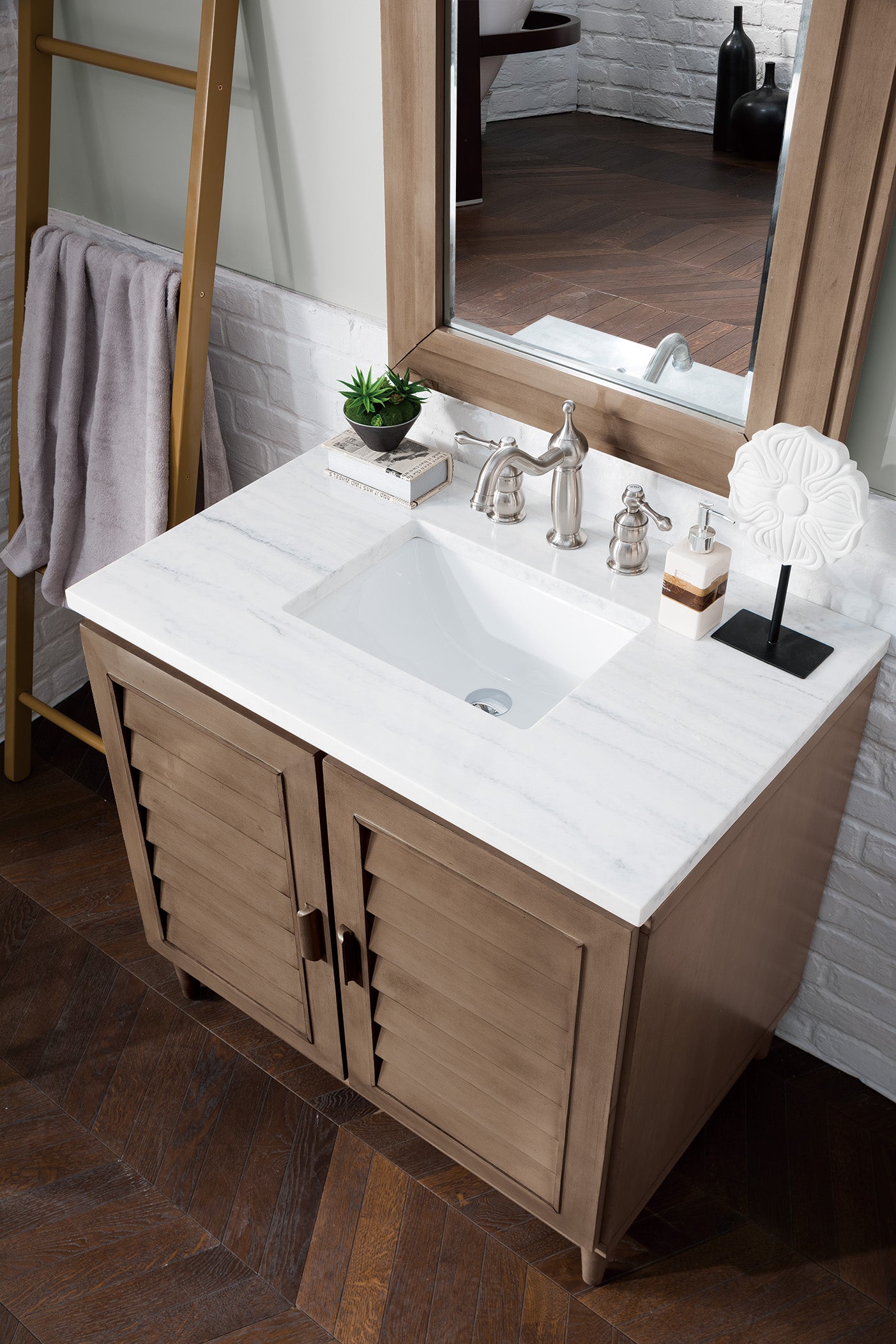 Bathroom Vanities Outlet Atlanta Renovate for LessPortland 36" Single Vanity Whitewashed Walnut w/ 3 CM Arctic Fall Solid Surface Top