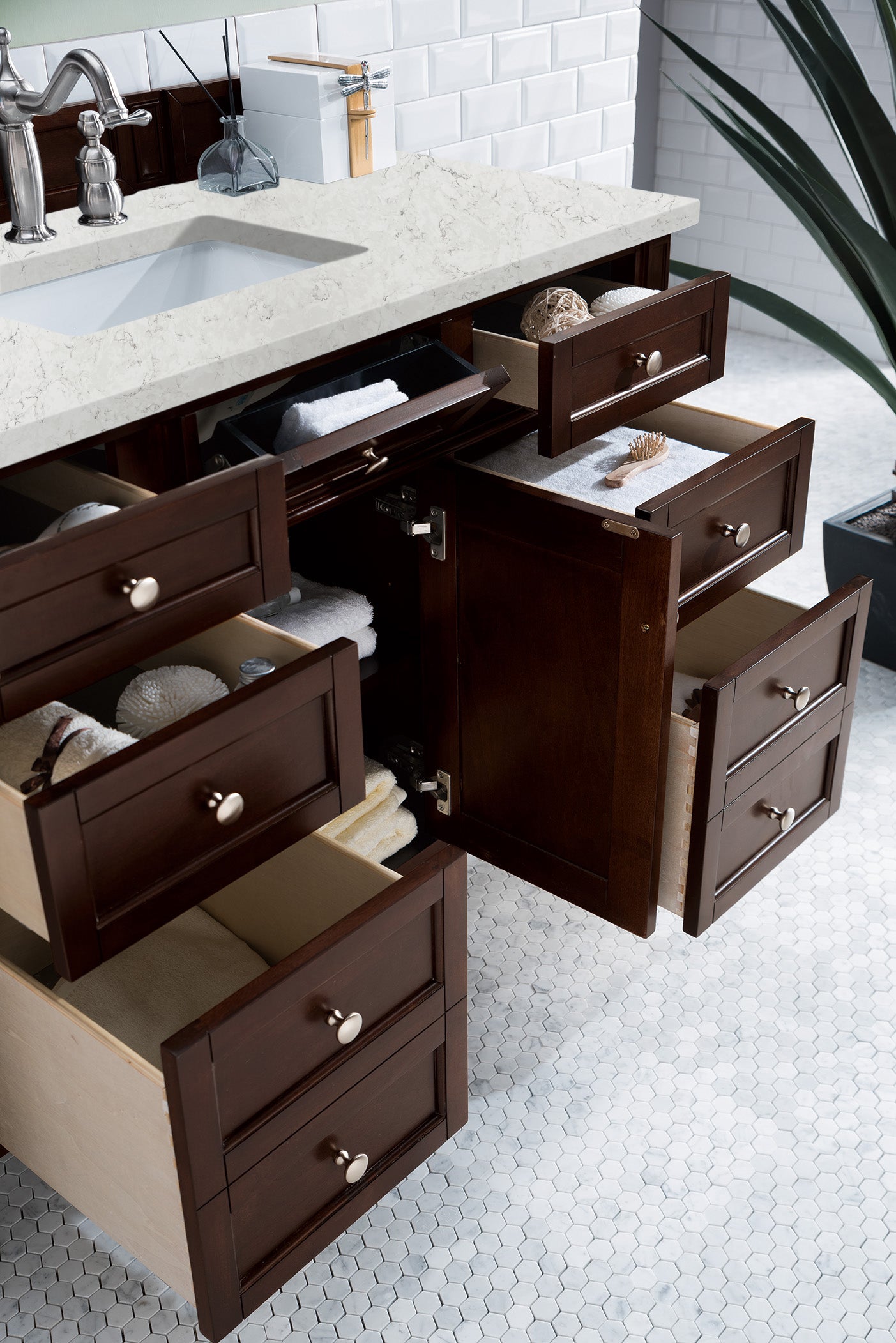 Bathroom Vanities Outlet Atlanta Renovate for LessBrittany 48" Burnished Mahogany Single Vanity w/ 3 CM Eternal Jasmine Pearl Quartz Top