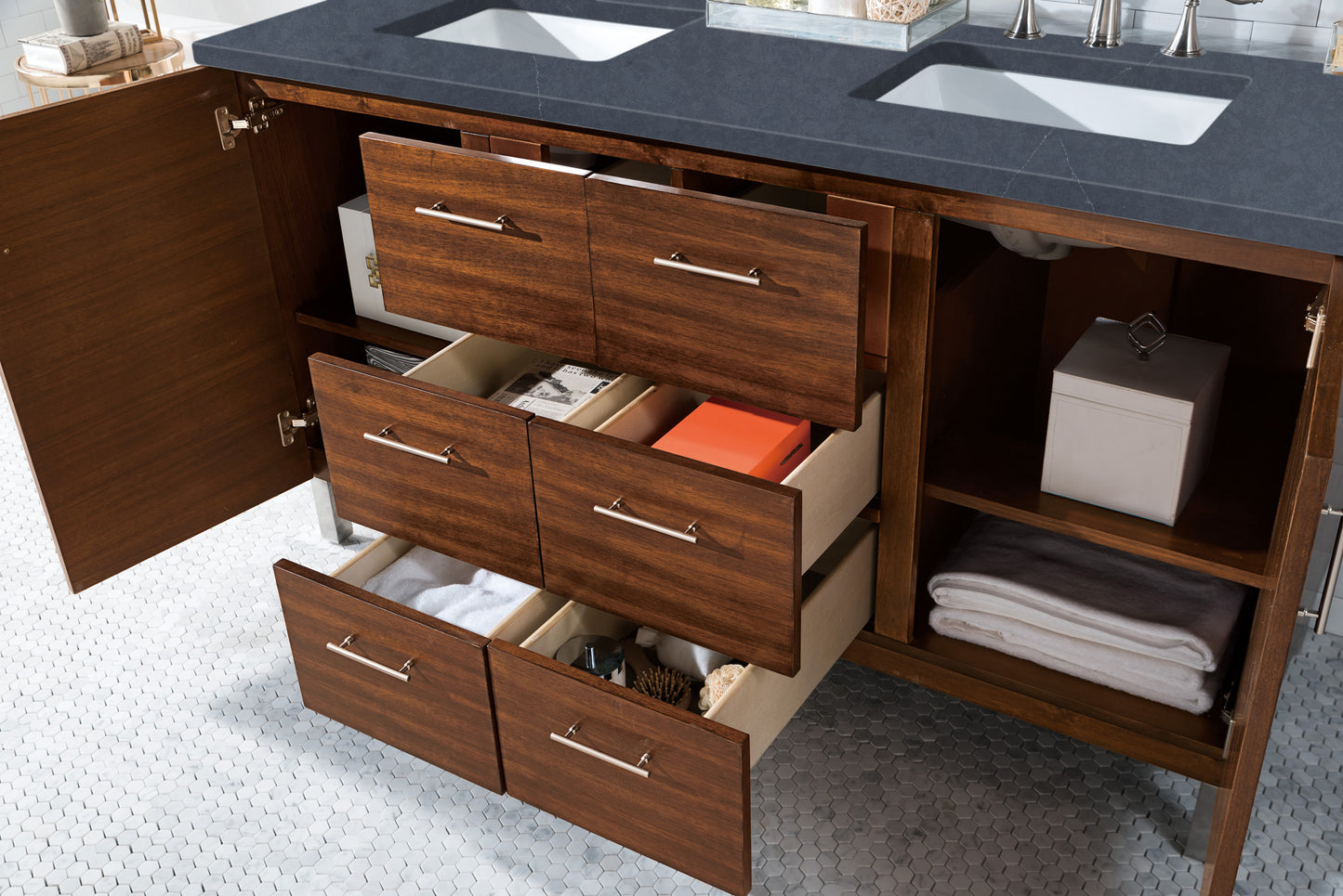 Bathroom Vanities Outlet Atlanta Renovate for LessMetropolitan 60" Double Vanity, American Walnut, w/ 3 CM Charcoal Soapstone Quartz Top