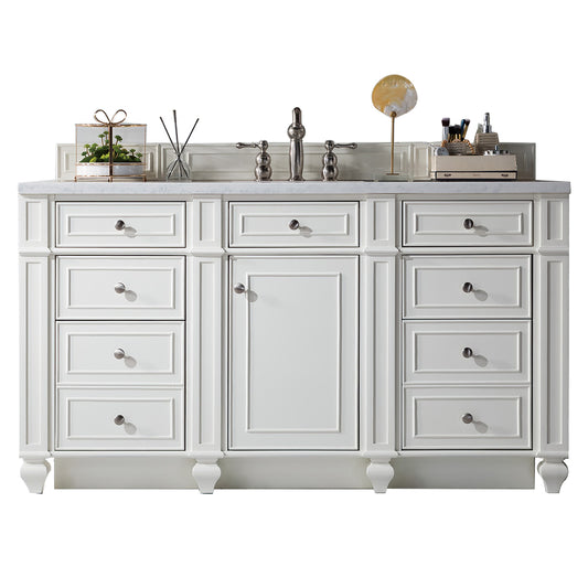 Bristol 60" Single Vanity, Bright White, w/ 3 CM Carrara Marble Top James Martin Vanities