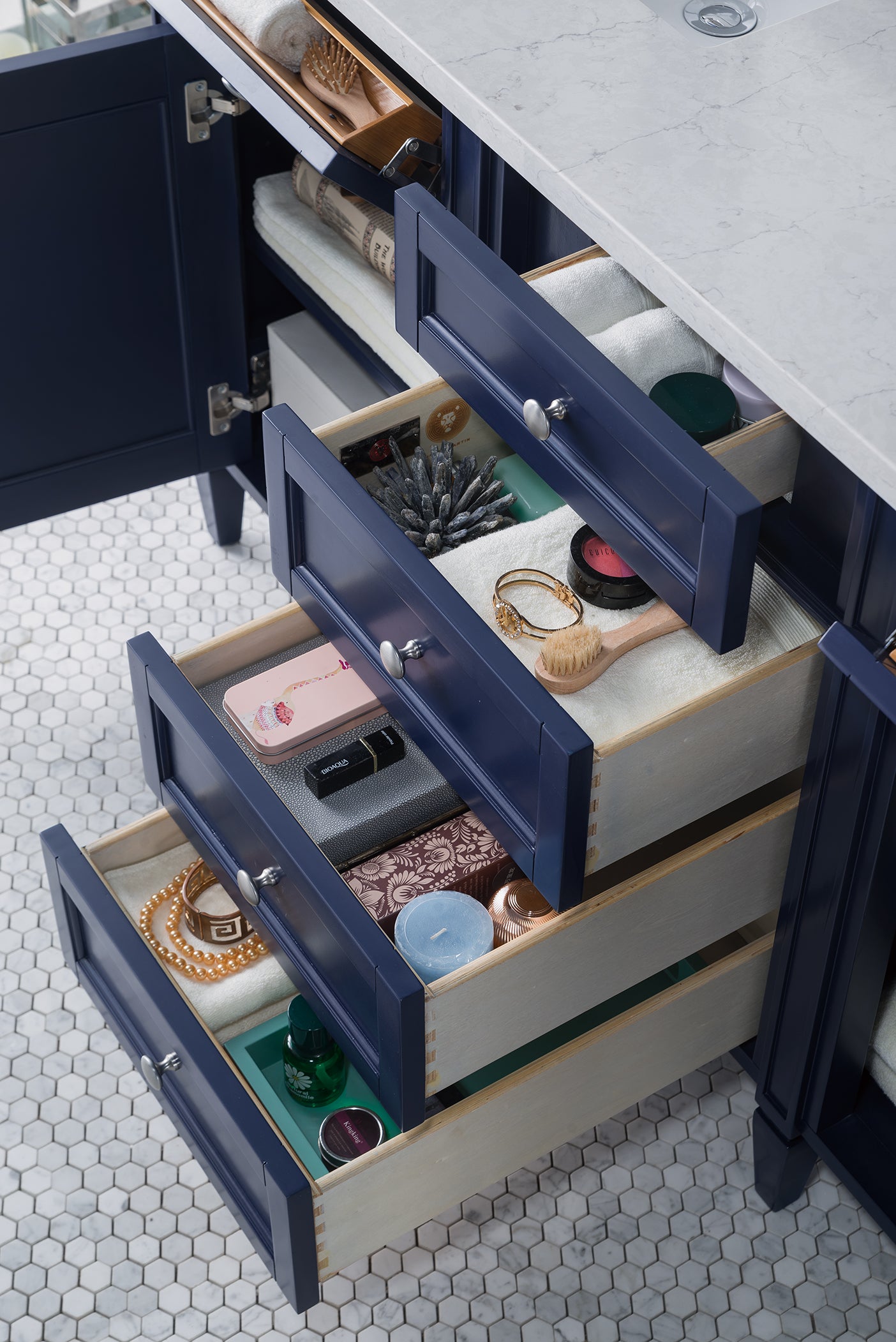 Bathroom Vanities Outlet Atlanta Renovate for LessBrittany 60" Victory Blue Double Vanity w/ 3 CM Eternal Jasmine Pearl Quartz Top