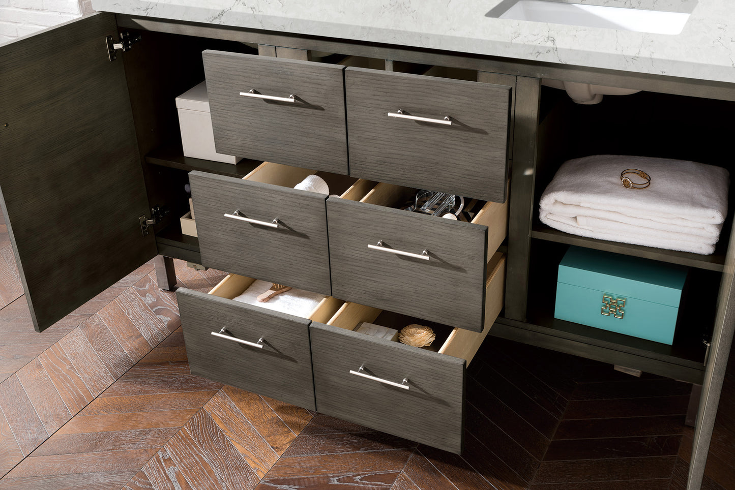 Bathroom Vanities Outlet Atlanta Renovate for LessMetropolitan 60" Double Vanity, Silver Oak, w/ 3 CM Eternal Jasmine Pearl Quartz Top