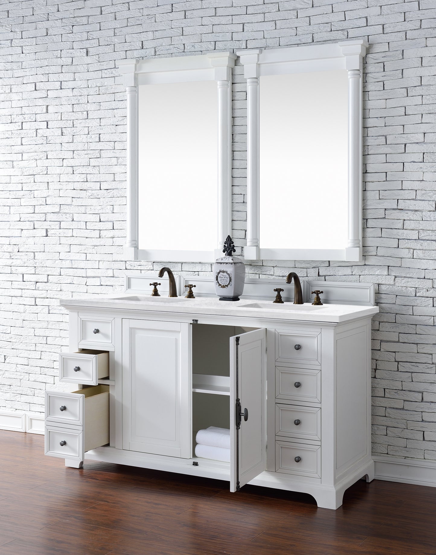 Providence 60" Bright White Double Vanity w/ 3 CM Arctic Fall Solid Surface Top James Martin