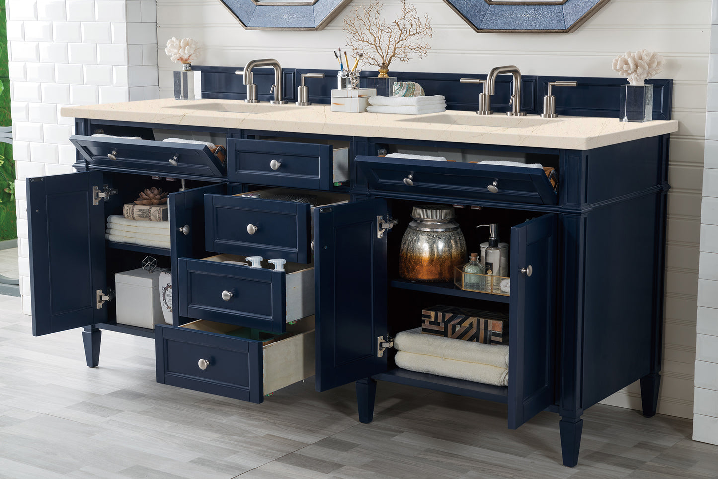 Brittany 72" Victory Blue Double Vanity w/ 3 CM Eternal Marfil Quartz Top James Martin Vanities