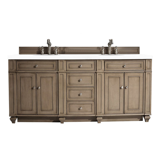 Bristol 72" Double Vanity, Whitewashed Walnut, w/ 3 CM White Zeus Quartz Top James Martin Vanities