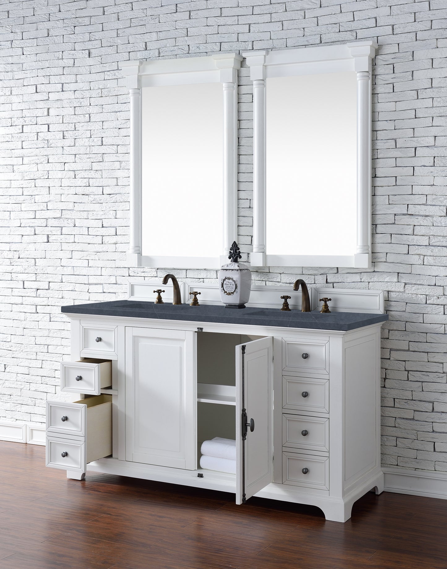 Providence 60" Double Vanity Cabinet, Bright White, w/ 3 CM Charcoal Soapstone Quartz Top James Martin