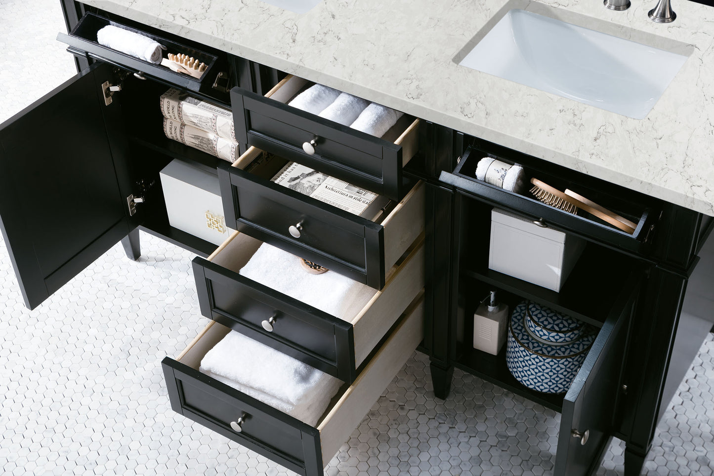 Bathroom Vanities Outlet Atlanta Renovate for LessBrittany 60" Black Onyx Double Vanity w/ 3 CM Eternal Jasmine Pearl Quartz Top