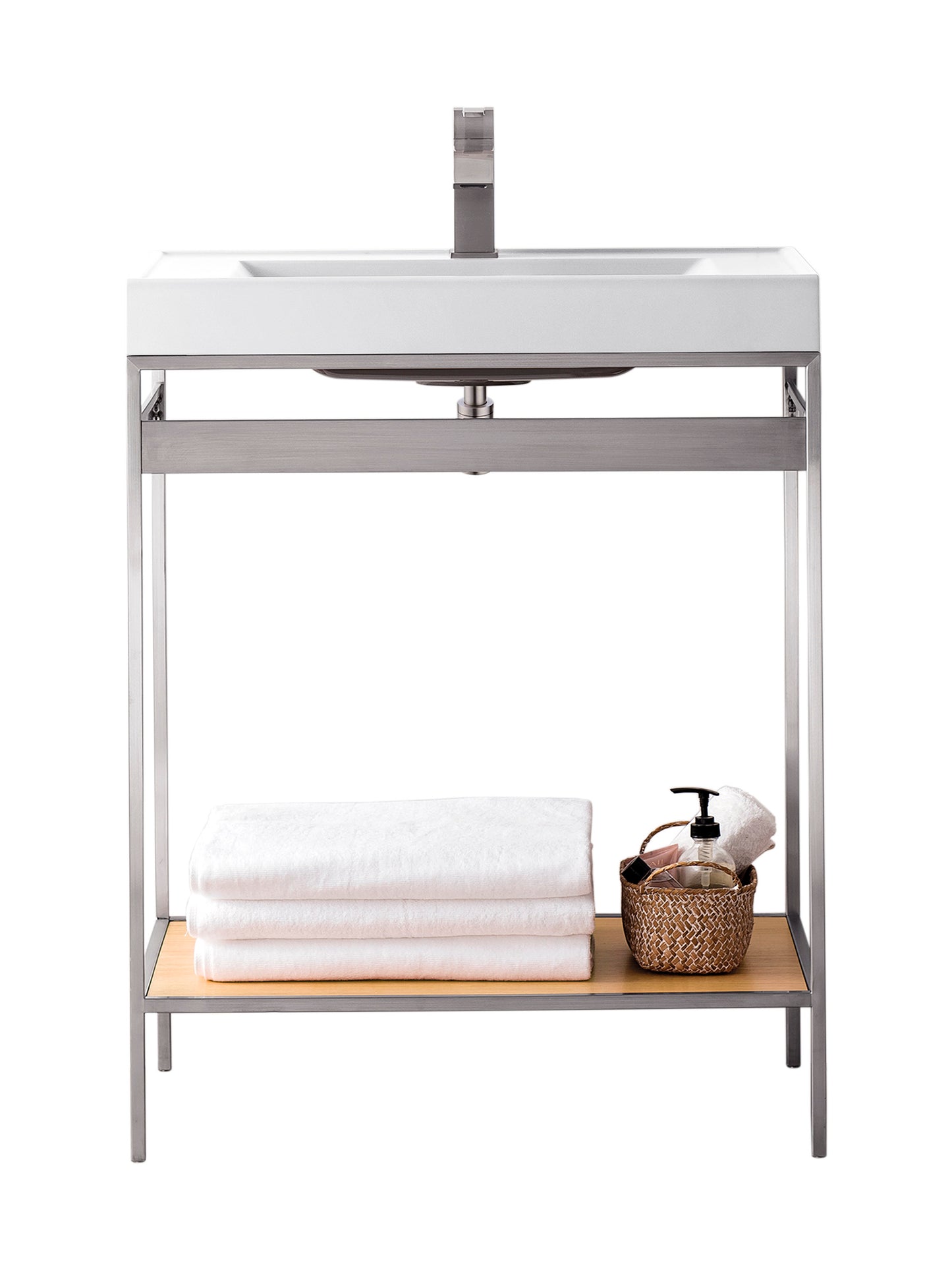 Como 27.6" Sink Console, Brushed Nickel, Natural Ash w/Glossy White Composite Top James Martin