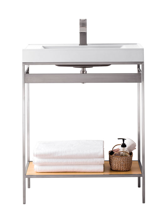 Como 27.6" Sink Console, Brushed Nickel, Natural Ash w/Glossy White Composite Top James Martin