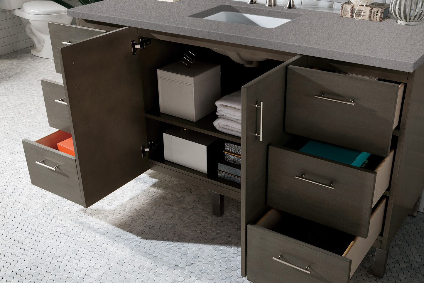 Bathroom Vanities Outlet Atlanta Renovate for LessMetropolitan 60" Single Vanity, Silver Oak, w/ 3 CM Grey Expo Quartz Top