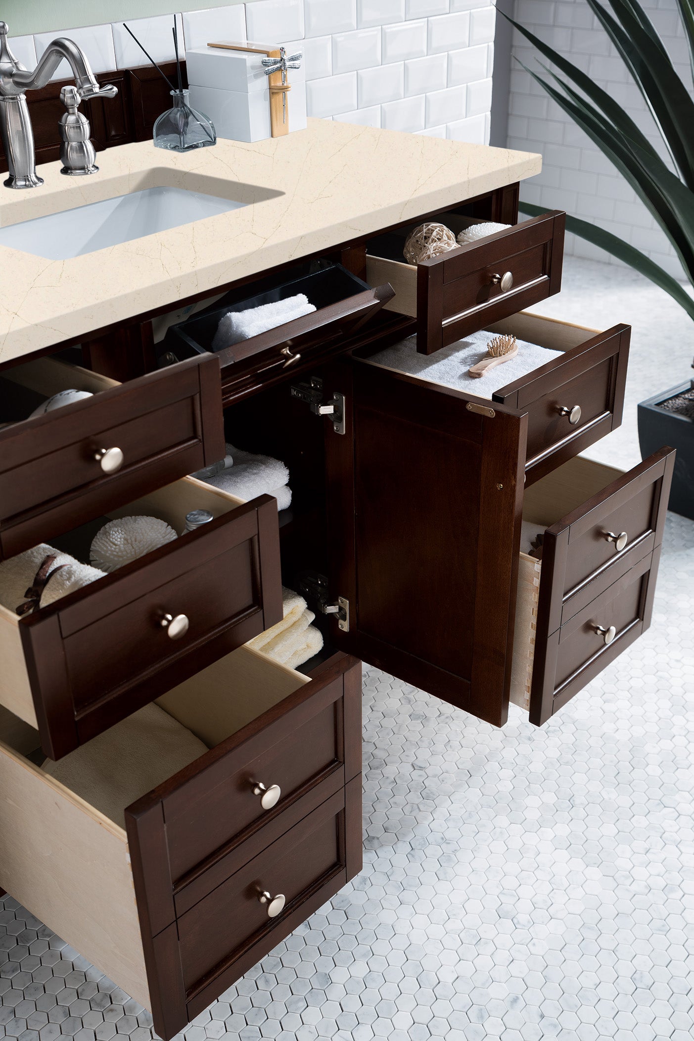 Brittany 48" Burnished Mahogany Single Vanity w/ 3 CM Eternal Marfil Quartz Top James Martin Vanities