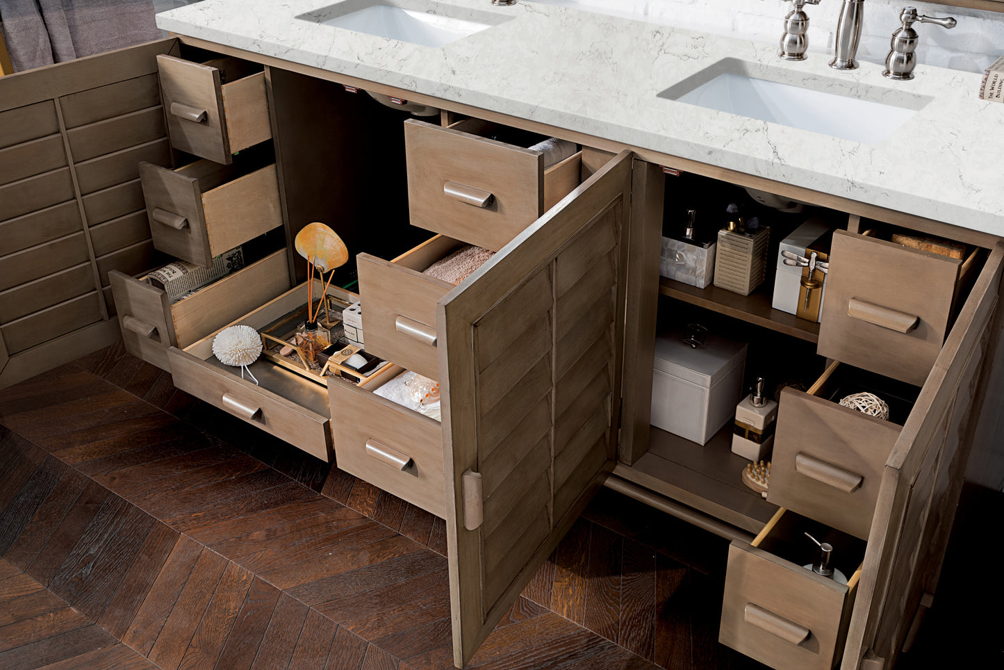 Bathroom Vanities Outlet Atlanta Renovate for LessPortland 72" Double Vanity Whitewashed Walnut, w/ 3 CM Eternal Jasmine Pearl Quartz Top