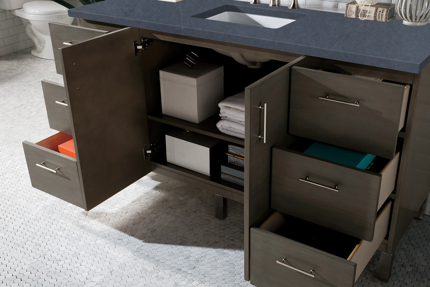 Bathroom Vanities Outlet Atlanta Renovate for LessMetropolitan 60" Single Vanity, Silver Oak, w/ 3 CM Charcoal Soapstone Quartz Top