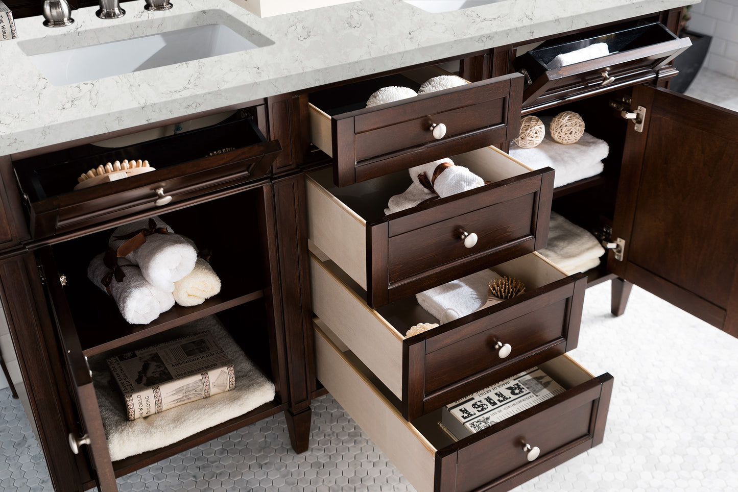 Bathroom Vanities Outlet Atlanta Renovate for LessBrittany 60" Burnished Mahogany Double Vanity w/ 3 CM Eternal Jasmine Pearl Quartz Top