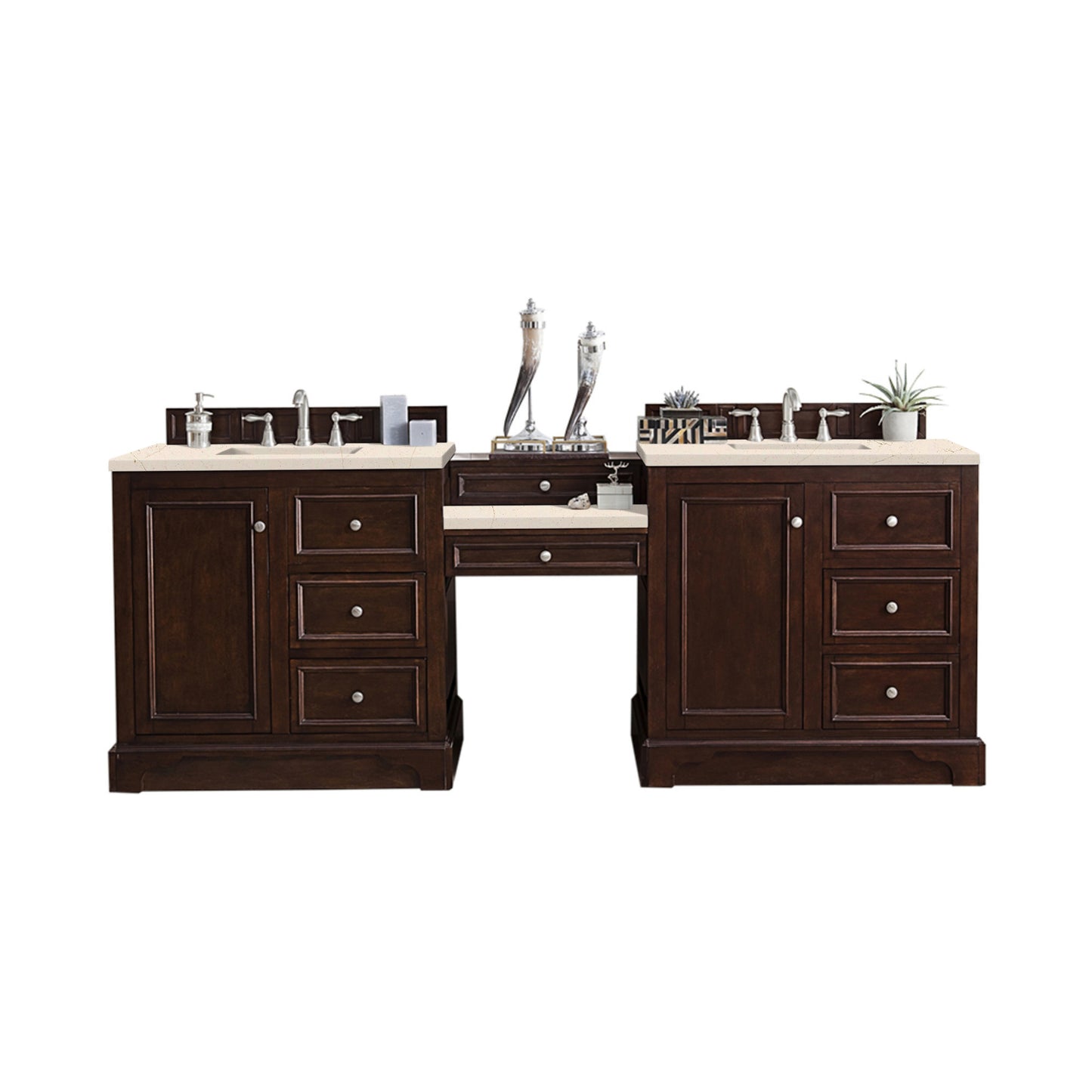 De Soto 94" Double Vanity Set, Burnished Mahogany w/ Makeup Table, 3 CM Eternal Marfil Quartz Top James Martin