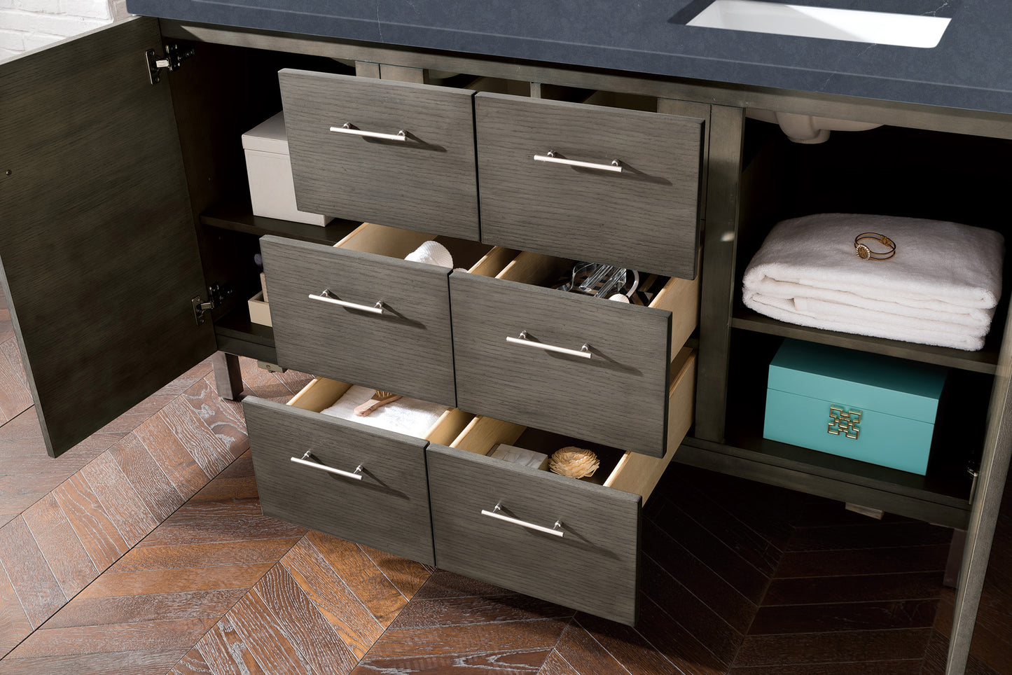 Bathroom Vanities Outlet Atlanta Renovate for LessMetropolitan 60" Double Vanity, Silver Oak, w/ 3 CM Charcoal Soapstone Quartz Top