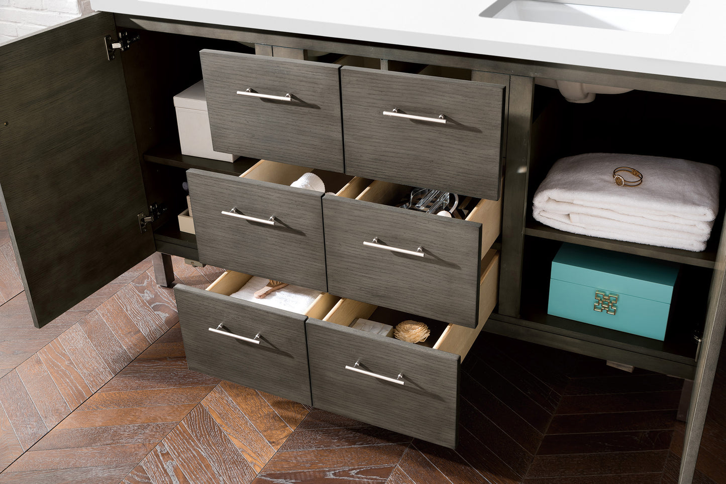 Bathroom Vanities Outlet Atlanta Renovate for LessMetropolitan 60" Double Vanity, Silver Oak, w/ 3 CM White Zeus Quartz Top