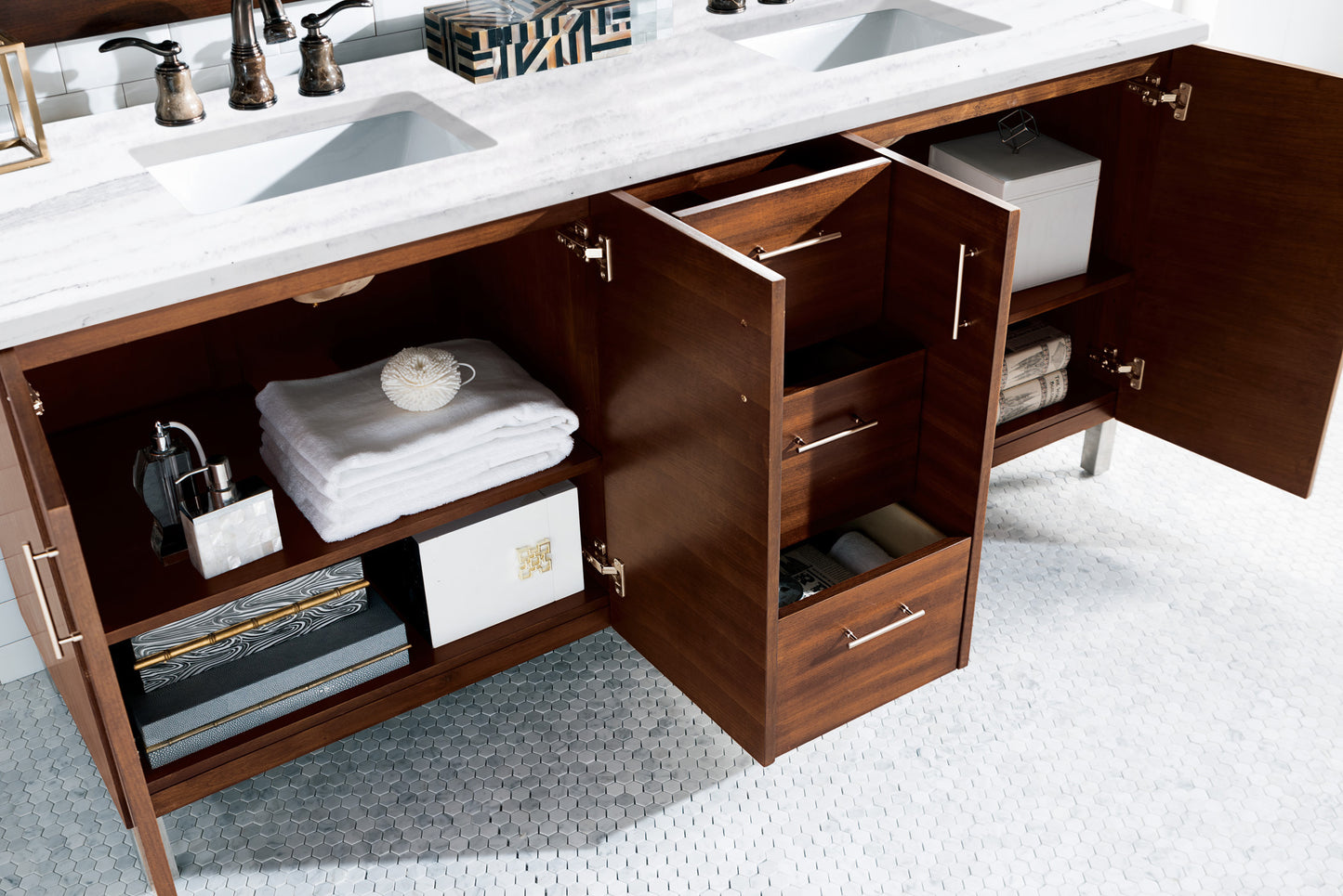 Bathroom Vanities Outlet Atlanta Renovate for LessMetropolitan 72" American Walnut Double Vanity w/ 3 CM Arctic Fall Solid Surface Top