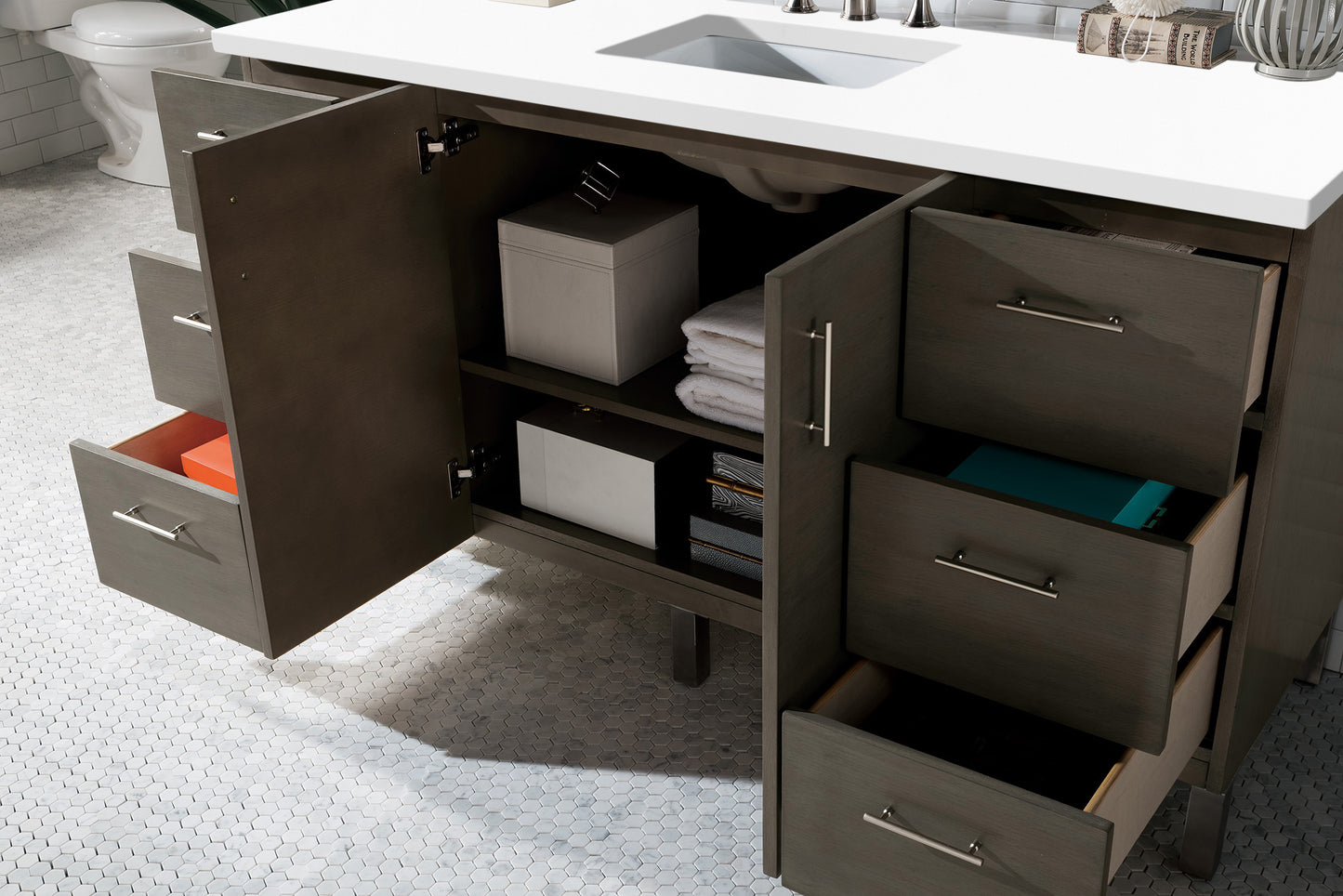 Bathroom Vanities Outlet Atlanta Renovate for LessMetropolitan 60" Single Vanity, Silver Oak, w/ 3 CM White Zeus Quartz Top