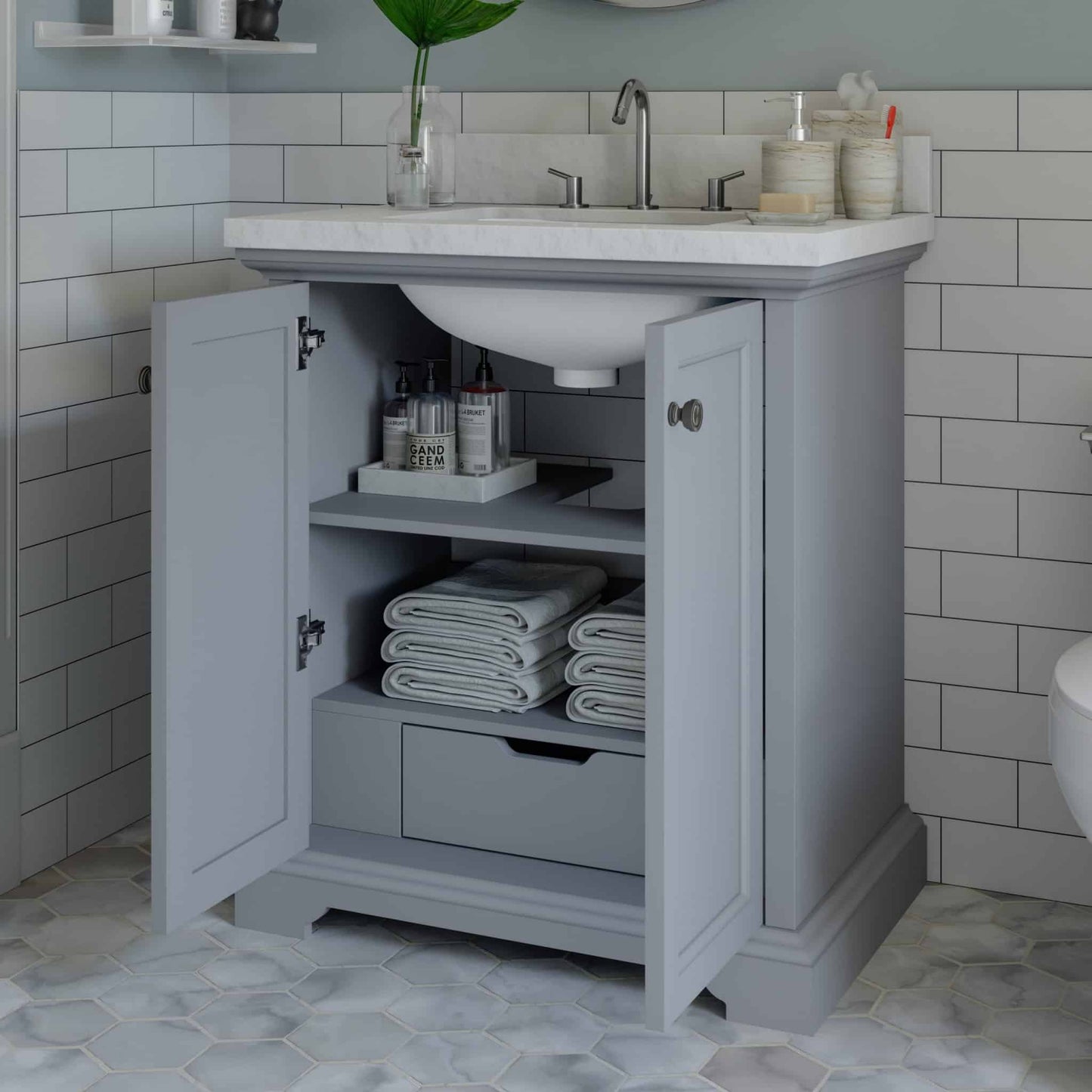 30" Portage Vanity in Dove Gray with Pure White Quartz Top Thomasville