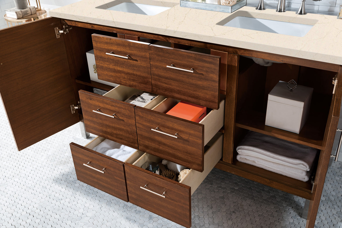 Bathroom Vanities Outlet Atlanta Renovate for LessMetropolitan 60" Double Vanity, American Walnut, w/ 3 CM Eternal Marfil Quartz Top