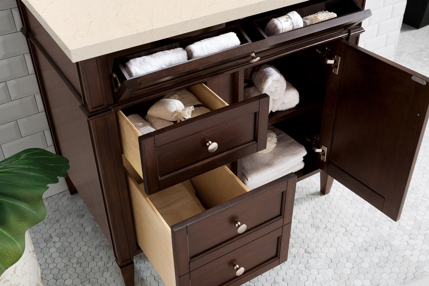 Brittany 36" Burnished Mahogany Single Vanity w/ 3 CM Eternal Marfil Quartz Top James Martin Vanities