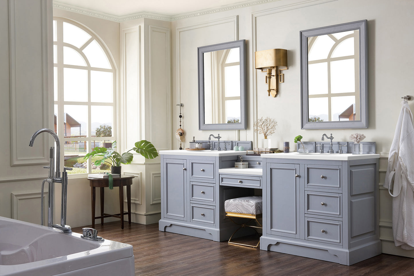 Bathroom Vanities Outlet Atlanta Renovate for LessDe Soto 94" Double Vanity Set, Silver Gray w/ Makeup Table, 3 CM White Zeus Quartz Top