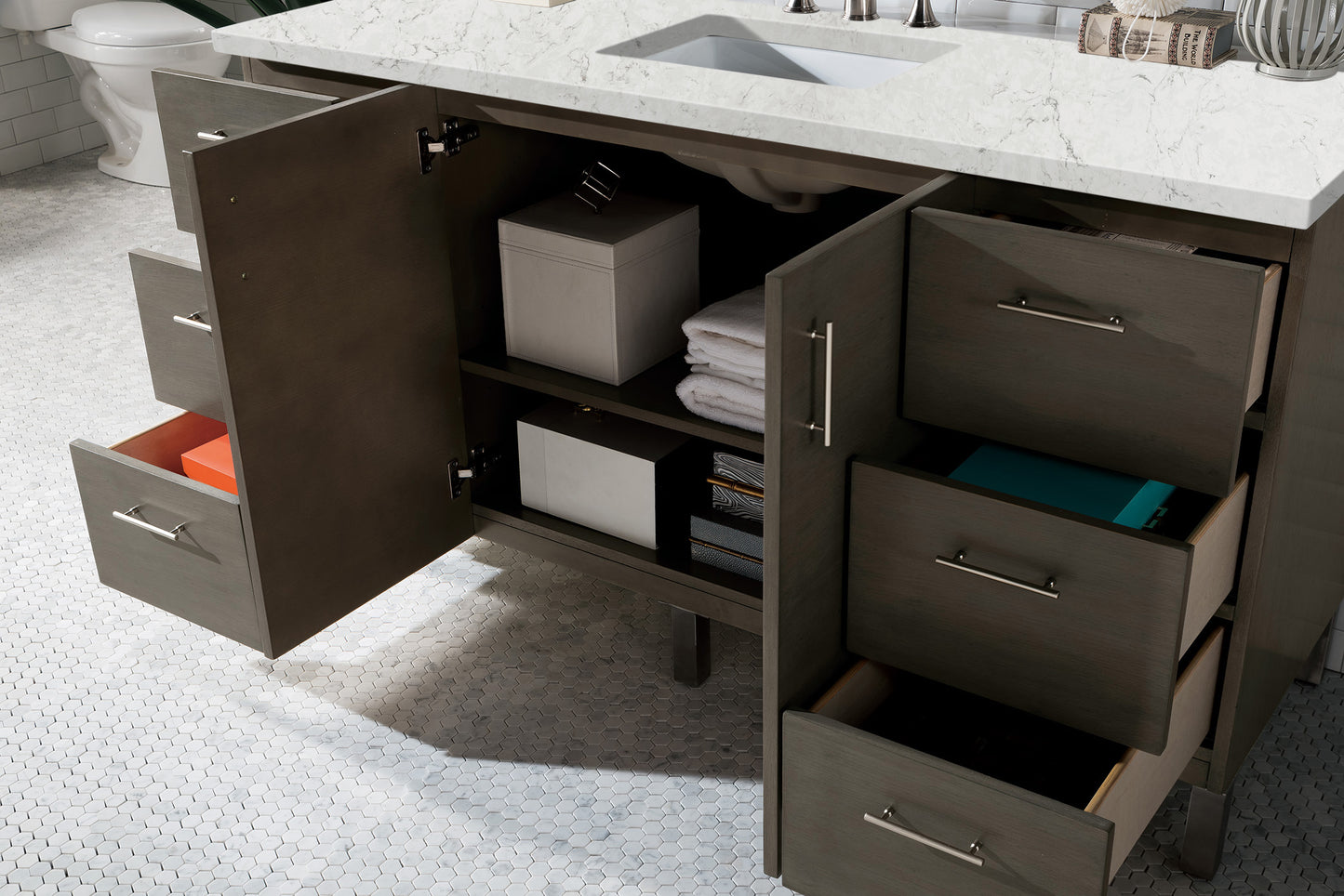 Bathroom Vanities Outlet Atlanta Renovate for LessMetropolitan 60" Single Vanity, Silver Oak, w/ 3 CM Eternal Jasmine Pearl Quartz Top