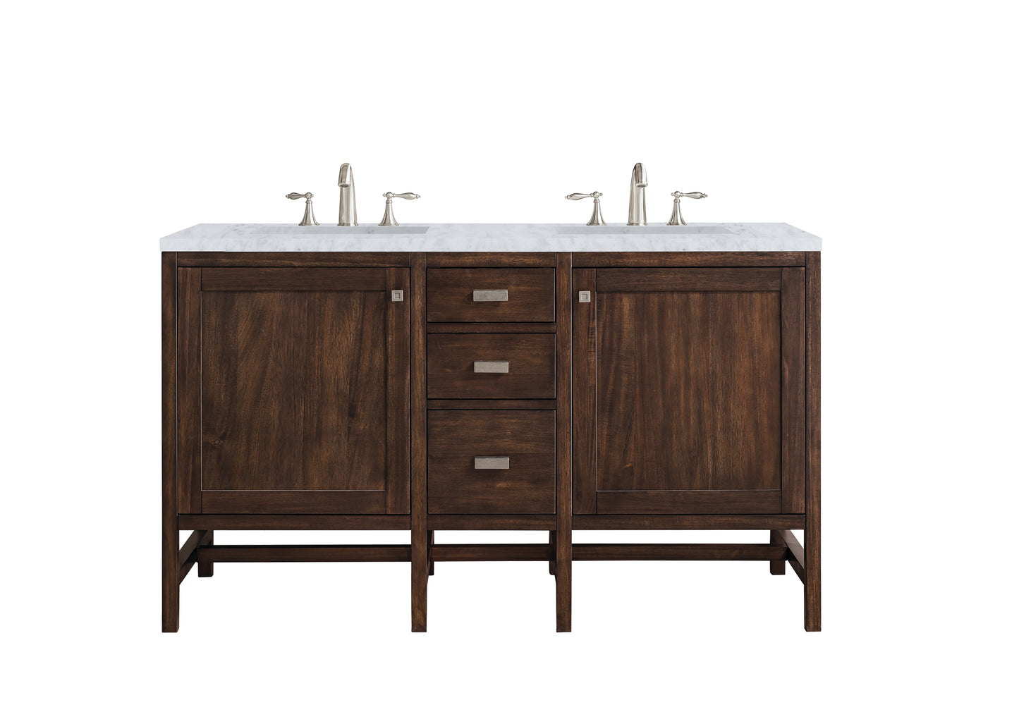 Addison 60" Double Vanity Cabinet, Mid Century Acacia, w/ 3 CM Carrara White Top James Martin Vanities