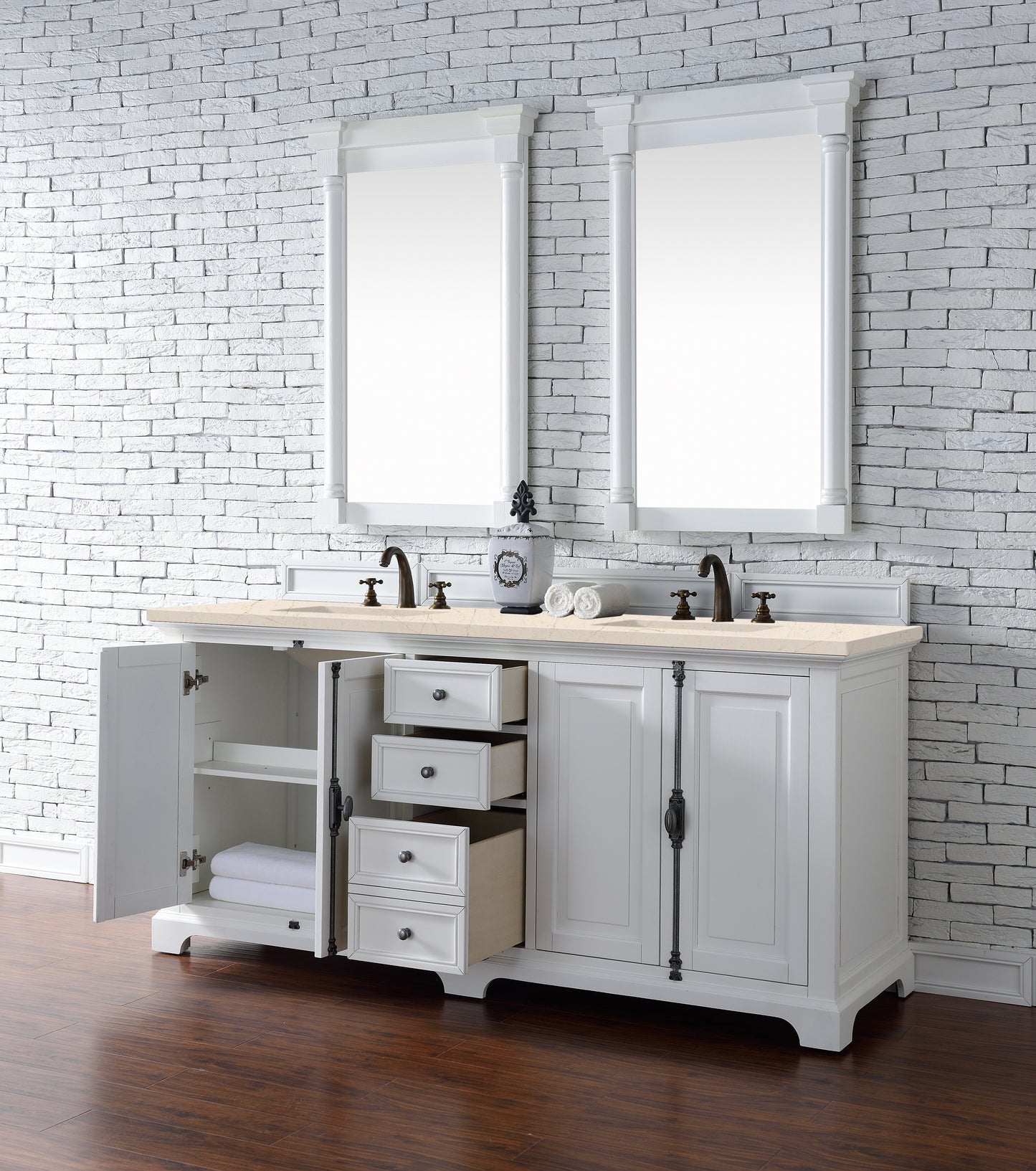Providence 72" Double Vanity Cabinet, Bright White, w/ 3 CM Eternal Marfil Quartz Top James Martin