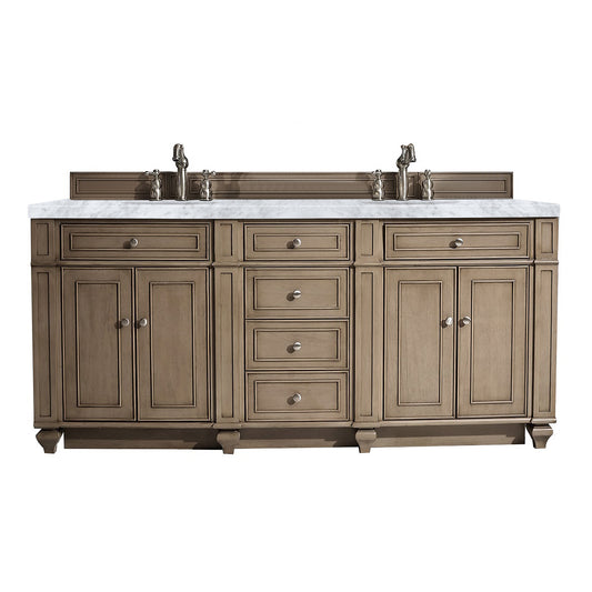 Bristol 72" Double Vanity, Whitewashed Walnut, w/ 3 CM Carrara Marble Top James Martin Vanities