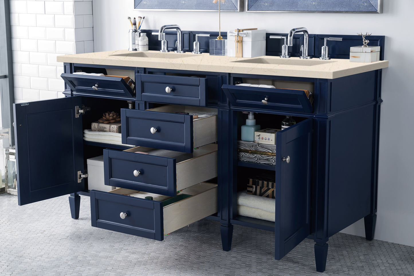 Brittany 60" Victory Blue Double Vanity w/ 3 CM Eternal Marfil Quartz Top James Martin Vanities