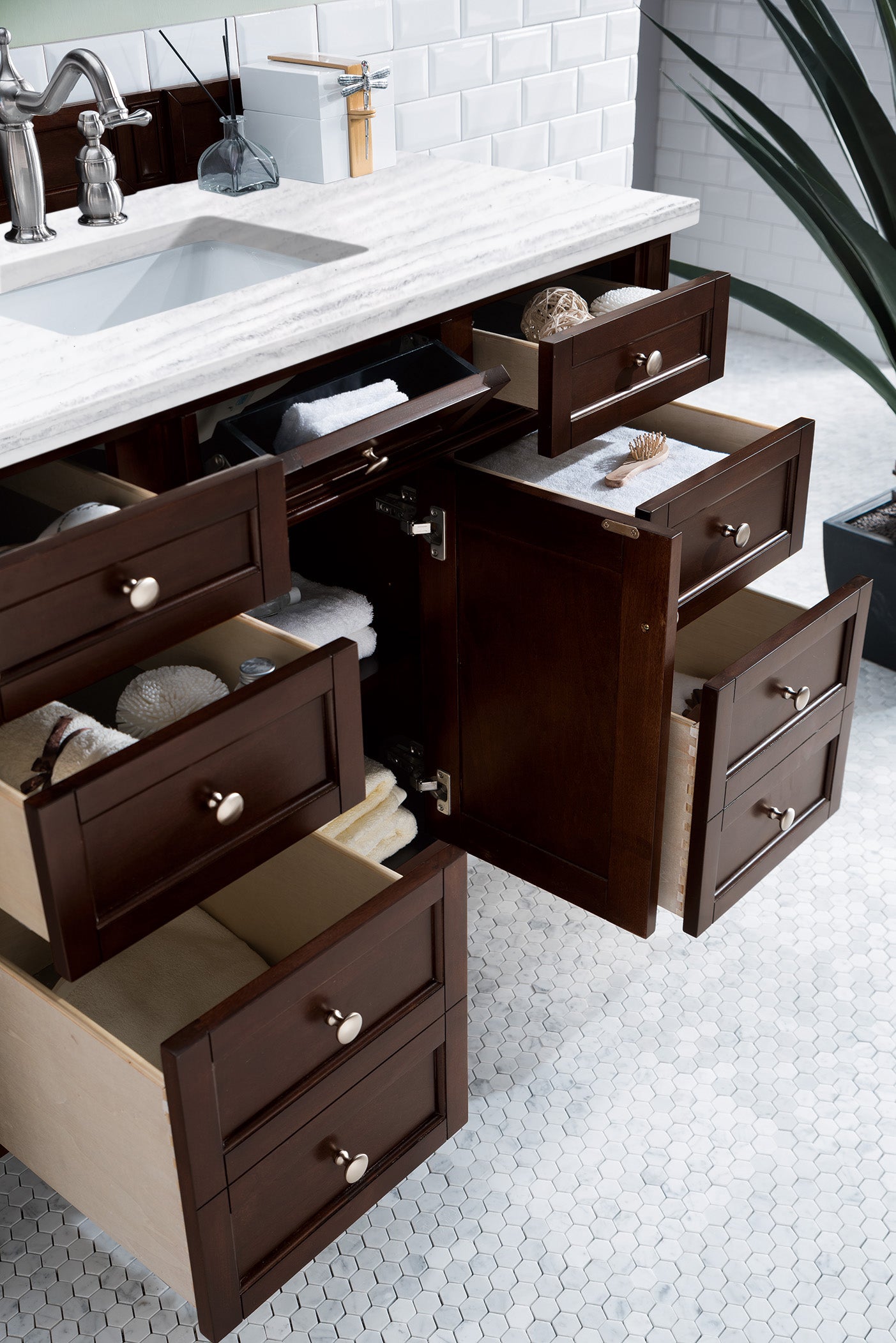 Bathroom Vanities Outlet Atlanta Renovate for LessBrittany 48" Burnished Mahogany Single Vanity w/ 3 CM Arctic Fall Solid Surface Top