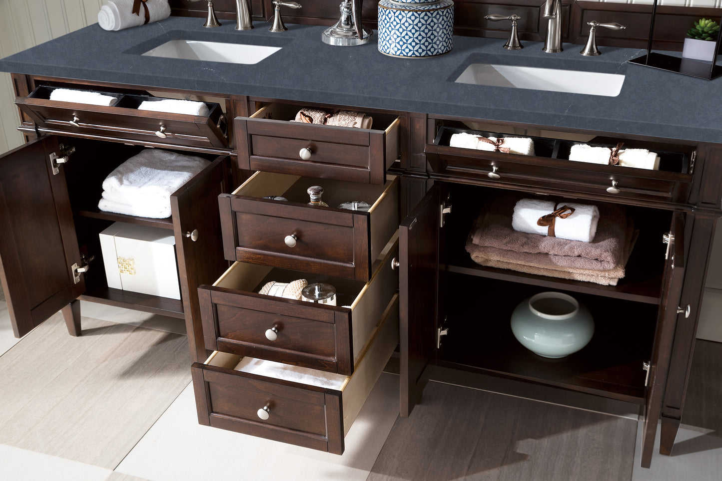 Bathroom Vanities Outlet Atlanta Renovate for LessBrittany 72" Burnished Mahogany Double Vanity w/ 3 CM Charcoal Soapstone Quartz Top