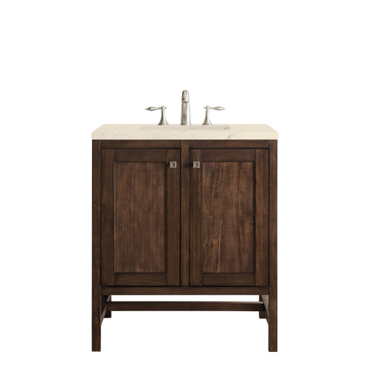 Addison 30" Single Vanity Cabinet (w/Doors), Mid Century Acacia, w/ 3 CM Eternal Marfil Quartz Top James Martin