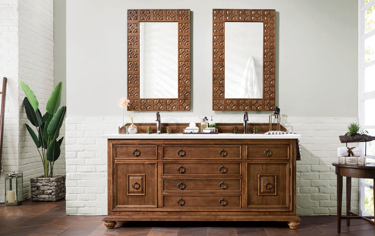 Bathroom Vanities Outlet Atlanta Renovate for LessMercer Island 72 Double  Vanity, Coffee Oak, Radiant Gold w/ Glossy White Composite Top