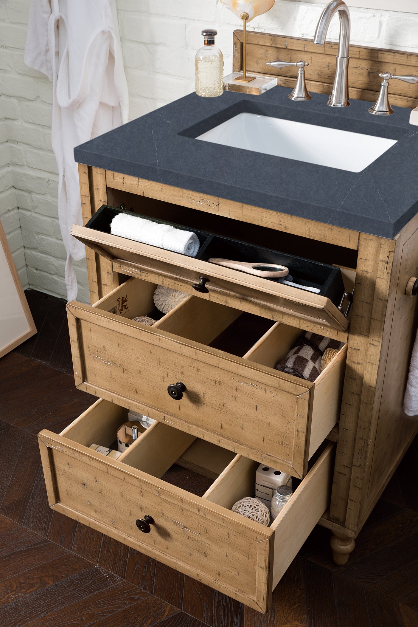 Copper Cove 26" Single Vanity Cabinet, Driftwood Patina, w/ 3 CM Charcoal Soapstone Quartz Top James Martin