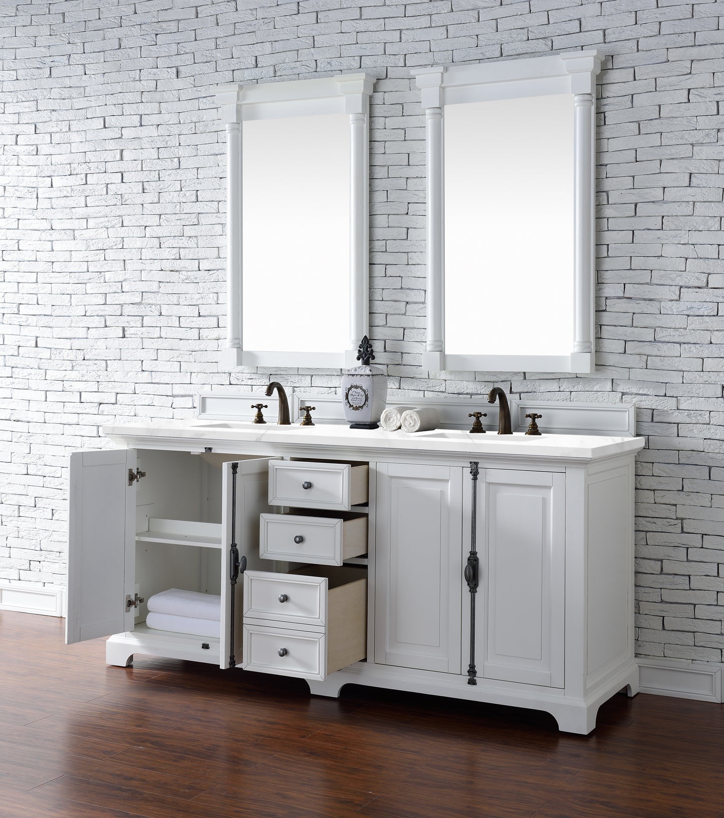 Providence 72" Double Vanity Cabinet, Bright White, w/ 3 CM Classic White Quartz Top James Martin