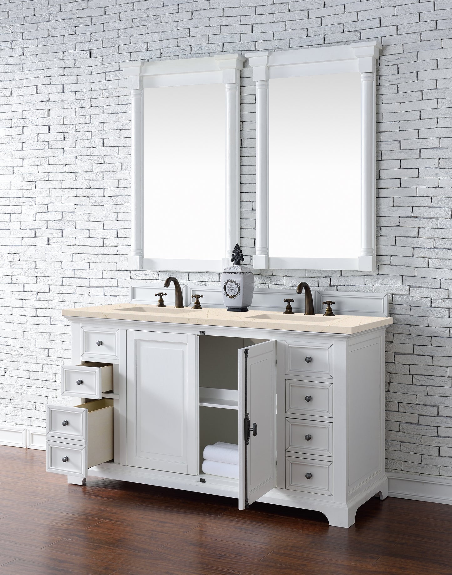 Providence 60" Double Vanity Cabinet, Bright White, w/ 3 CM Eternal Marfil Quartz Top James Martin
