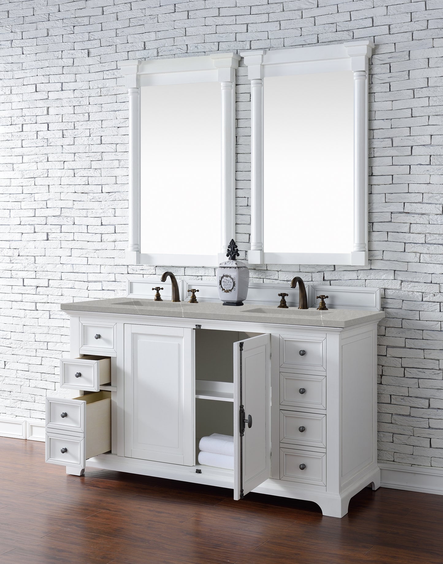 Providence 60" Double Vanity Cabinet, Bright White, w/ 3 CM Eternal Serena Quartz Top James Martin
