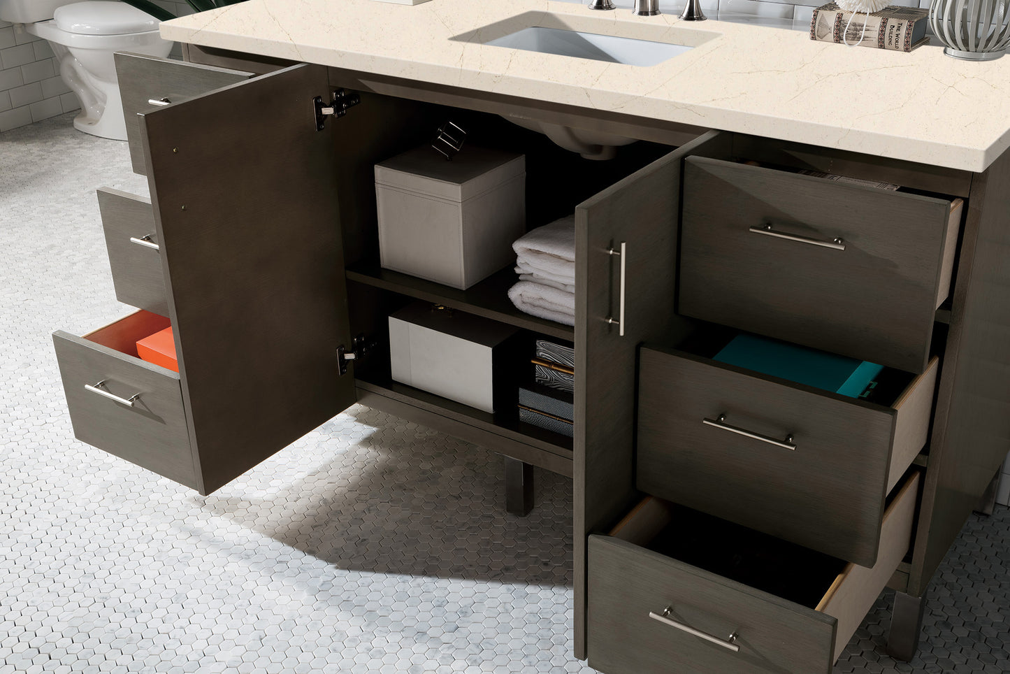 Bathroom Vanities Outlet Atlanta Renovate for LessMetropolitan 60" Single Vanity, Silver Oak, w/ 3 CM Eternal Marfil Quartz Top