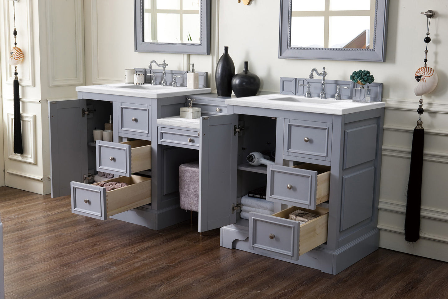 Bathroom Vanities Outlet Atlanta Renovate for LessDe Soto 82" Double Vanity Set, Silver Gray w/ Makeup Table, 3 CM Arctic Fall Solid Surface Top