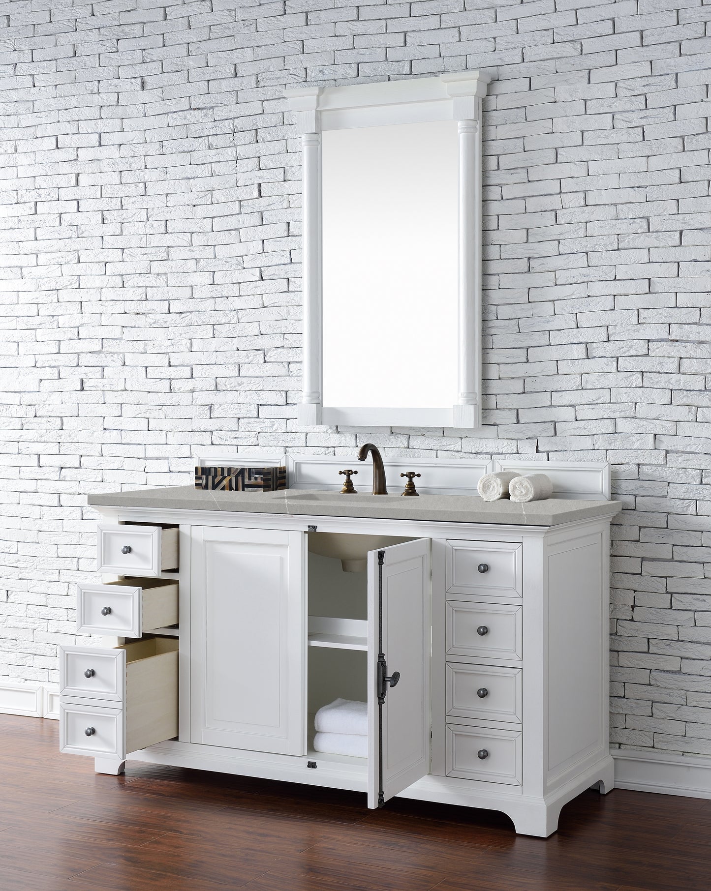 Providence 60" Single Vanity Cabinet, Bright White, w/ 3 CM Eternal Serena Quartz Top James Martin