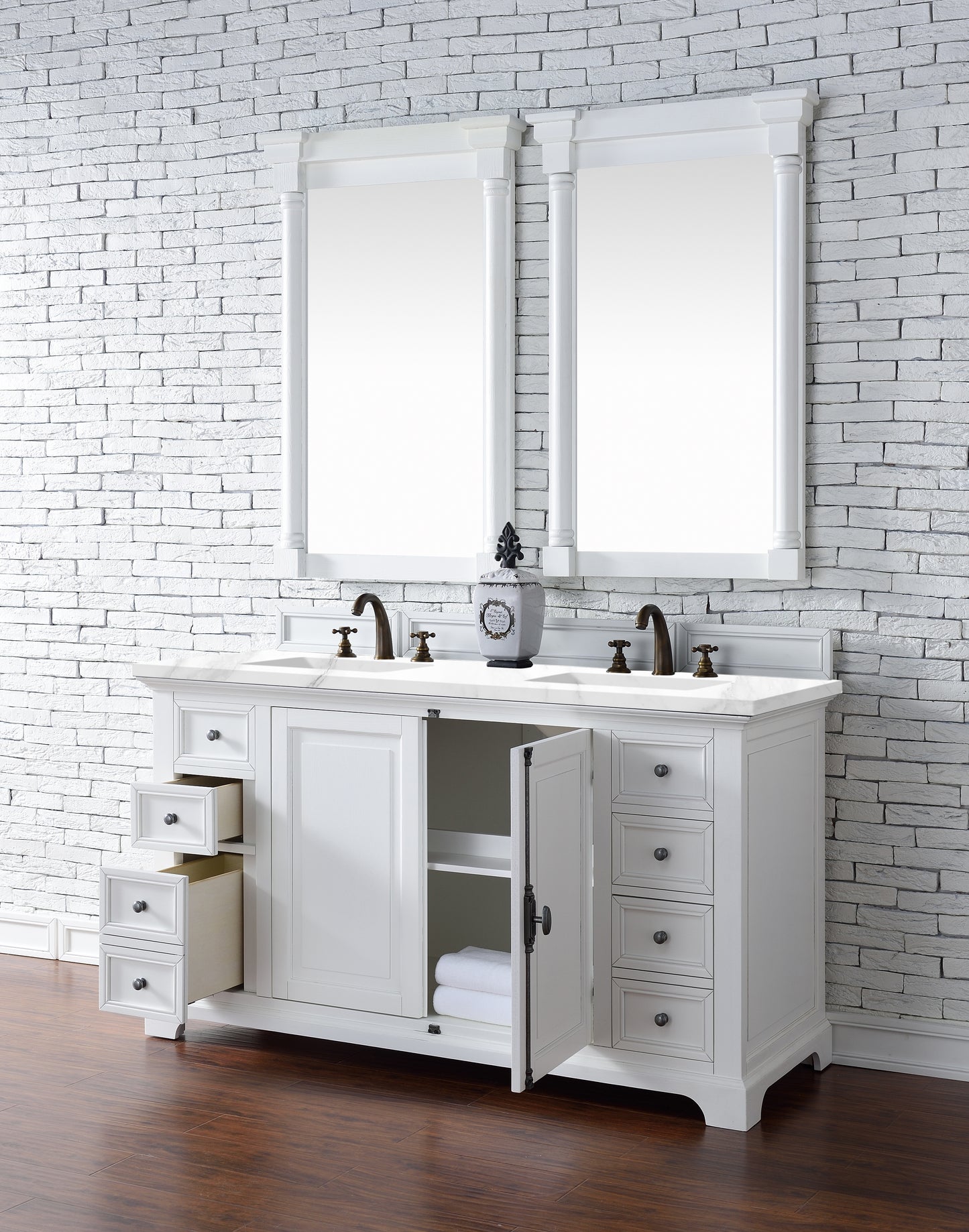 Providence 60" Double Vanity Cabinet, Bright White, w/ 3 CM Classic White Quartz Top James Martin